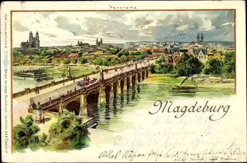 Litho Magdeburg an der Elbe, Panorama, Brückenpartie