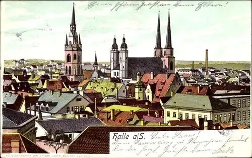 Litho Halle an der Saale, Teilansicht von Stadt über den Häuserdächern