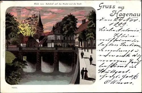 Litho Haguenau Hagenau im Elsass Bas Rhin, Blick vom Bahnhof auf die Moder