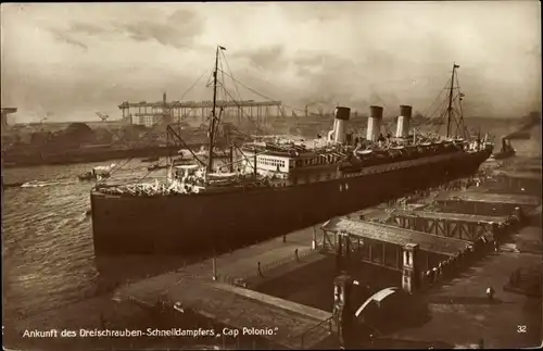 Ak HSDG Dampfer Cap Polonio, Schnelldampfer, Ankunft, Hafenpartie
