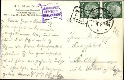 Ak Doppelschrauben Motorschiff Monte Olivia, HSDG
