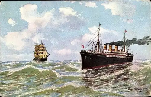 Künstler Ak Lissmann, Hugo, Dampfer und Segelschiff auf hoher See