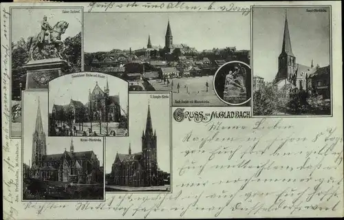 Ak Mönchengladbach in Nordrhein Westfalen, Kaiser Wilhelm Denkmal, Franziskanerkirche und Kloster