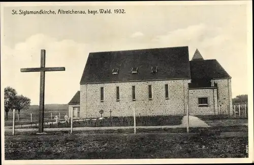 Ak Altreichenau Neureichenau Niederbayern, St. Sigismundkirche, Außenansicht, Gräber, Kreuz