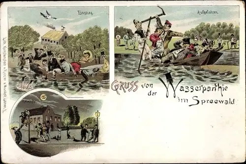 Litho Lübbenau im Spreewald, Wasserpartie im Spreewald, Ruderboot, Einstieg, Aufgefahren, Heimkehr