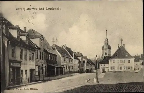 Ak Bad Lauchstedt in Sachsen Anhalt, Marktplatz, Kirche, Läden