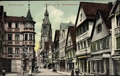 Ak Reutlingen in Baden Württemberg, Partie aus der Wilhelmstraße, Kirche, Bäckerei