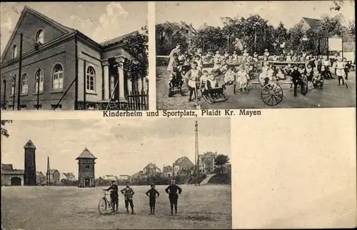 Ak Plaidt im Landkreis Mayen Koblenz, Kinderheim und Sportplatz, Gruppenbild im Hof, Turm, Fahrrad