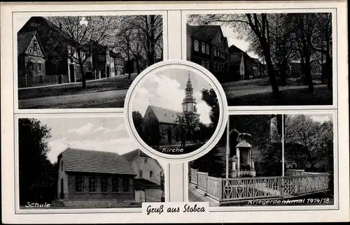 Ak Stobra Saaleplatte Thüringen, Schule, Kirche, Kriegerdenkmal, Straßenpartie