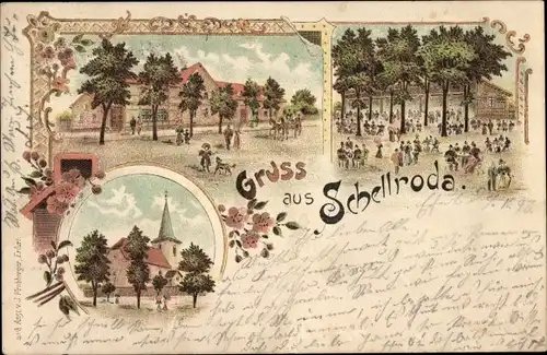 Litho Schellroda Klettbach in Thüringen, Kirche, Gastwirtschaft, Garten