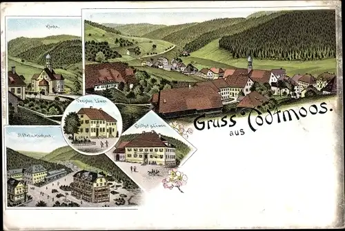 Litho Todtmoos im Schwarzwald, Kirche, Hotel, Kurhaus, Pension Löwen, Gasthof zum Löwen