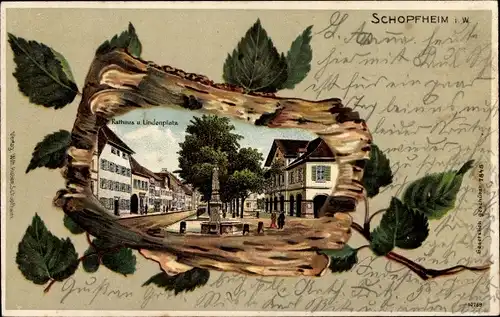 Birkenholz Litho Schopfheim Schwarzwald, Rathaus und Lindenplatz