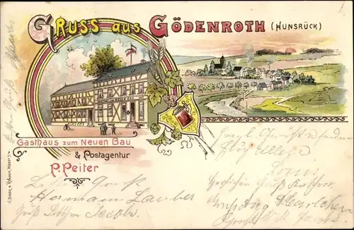 Litho Gödenroth im Hunsrück, Gasthaus zum Neuen Bau, Postagentur, Ortspanorama