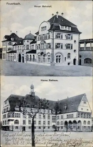 Ak Feuerbach Stuttgart in Württemberg, Neuer Bahnhof, Neues Rathaus