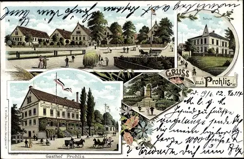 Litho Dresden Prohlis, Gasthof Prohlis, Schule, Denkmal, Ortspartie