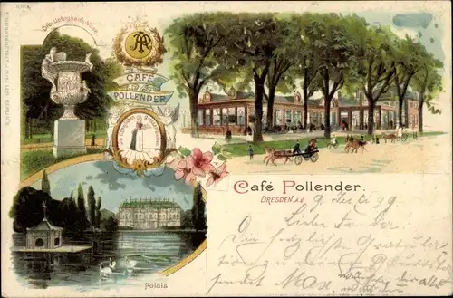 Litho Dresden, Großer Garten, Café Pollender, Wappen, Park, Palais