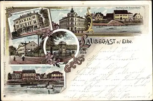 Litho Dresden Laubegast, Gasthof Stadt Amsterdam, Restaurant Elbtal, Ratskeller, Caffee Laubegast