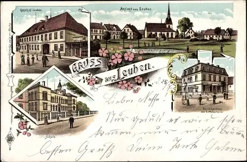 Litho Dresden Leuben, Gasthof Leuben, Schule, Papierhandlung E. Pfotenhauer, Kirche