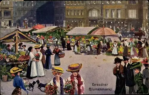 Künstler Ak Dresden, Blumenmarkt auf dem Altmarkt, Frauen, Weisswaren Confection, Kaufhaus