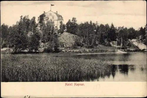 Ak Schweden, Blick über Gewässer zum Hotell Hagman