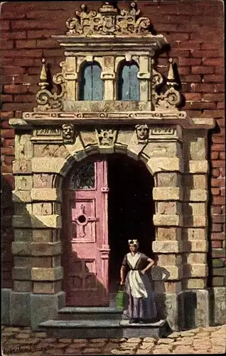 Künstler Ak Gerstenhauser, J. G., Frau in niederländischer Tracht an einer Haustür