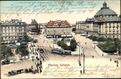 Ak München, Karlsplatz, Straßenbahn, Kutschen