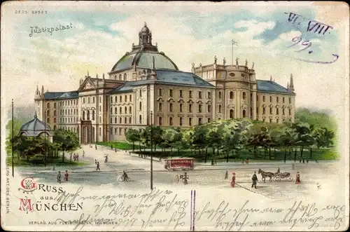 Litho München, Justizpalast, Kutsche, Straßenbahn