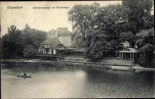 Ak Düsseldorf am Rhein, Schwanenspiegel mit Fischerhäuschen