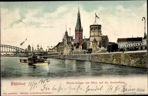 Ak Düsseldorf, Rheinanlage mit Blick auf die Ausstellung