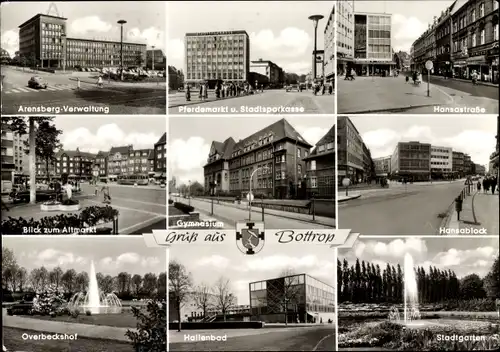 Ak Bottrop im Ruhrgebiet, Hansastraße, Stadtgarten, Pferdemarkt, Stadtgarten, Altmarkt, Hansablock