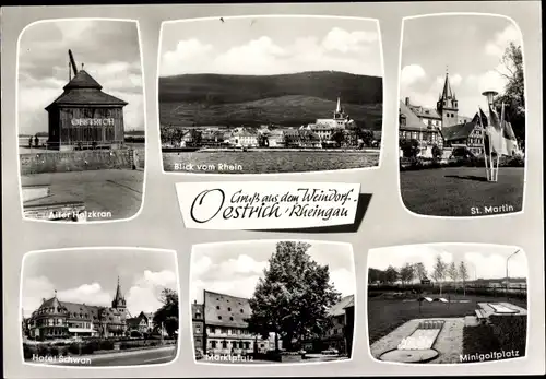 Ak Oesterich Winkel, Weindorf, Alter Holzkran, Hotel Schwan, Marktplatz