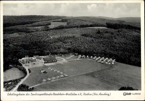 Ak Hachen Sundern im Sauerland, Fliegeraufnahme, Erholungsheim Landessportbund NRW, Zelte, Wald