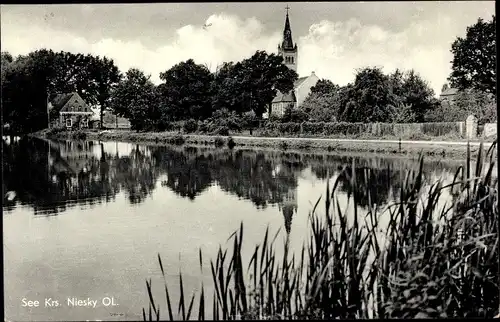 Ak See Niesky in der Oberlausitz, Teilansicht, Kirche
