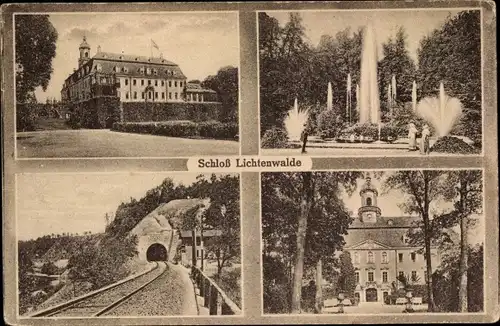 Ak Lichtenwalde Niederwiesa in Sachsen, Schloss, Bahnstrecke, Bahntunnel, Springbrunnen