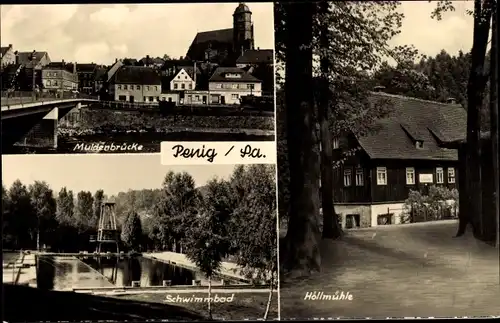 Ak Penig in Sachsen, Schwimmbad, Höllmühle, Muldenbrücke