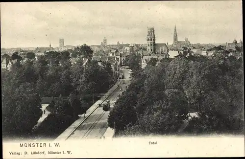 Ak Münster in Westfalen, Totalansicht, Straßenbahn