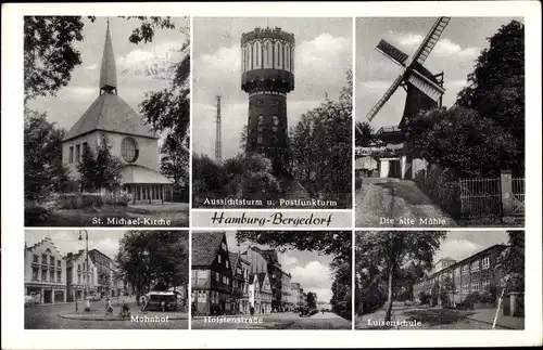 Ak Hamburg Bergedorf, St. Michaelkirche, Aussichtsturm u. Postfunkturm, alte Mühle, Mohnhof, Schule