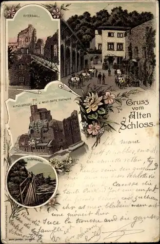 Litho Baden Baden, Rittersaal, Innenhof, Altes Schloss, Teufelsbrücke