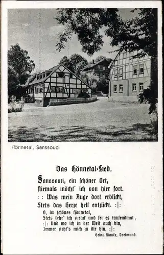 Ak Hönnetal Hemer im Sauerland, Sanssouci, Fachwerkgebäude, Hönnetal-Lied