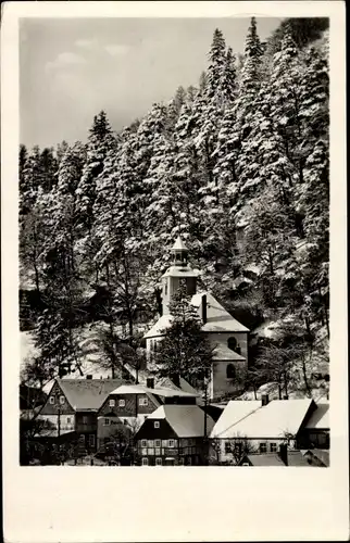 Ak Oybin in der Oberlausitz, Berg und Kirche, Winter