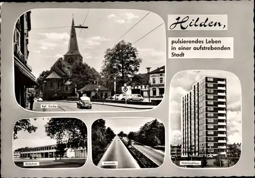 Ak Hilden Westfalen, Ref. Kirche, Wohnhochhaus, Realschule, Autobahn