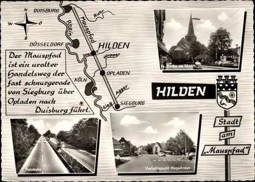 Ak Hilden im Rheinland, Autobahn, Verkehrspunkt Hagelkreuz, Evangelische Kirche am Markt, Wappen