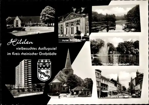 Ak Hilden im Rheinland, Jugendheim, Portal Schloss Benrath, Seerosenteich, Kirche, Wappen