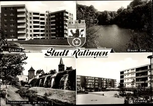 Ak Ratingen Nordrhein Westfalen, Eckamp, Blauer See, Trinsenturm und evangelische Kirche, Wappen