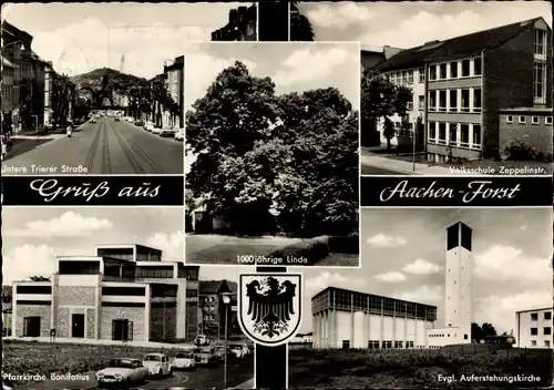 Ak Forst Aachen, Untere Trierer Straße, Volksschule, Pfarrkirche Bonifatius, Ev. Auferstehungskirche