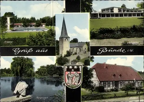 Ak Bünde in Westfalen, Kirche, Freibad, Stadtgarten, Bürgerpark, Museum, Wappen