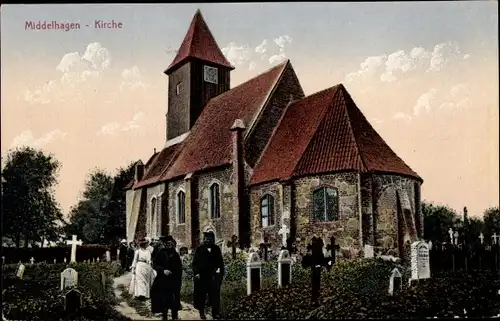 Ak Middelhagen Insel Rügen, Kirche, Friedhof