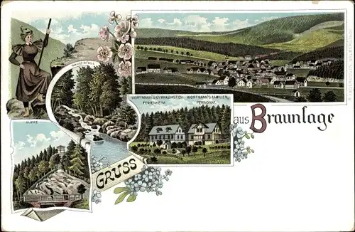 Litho Braunlage im Oberharz, Panorama, Klippe, Ferienheim und Pensionat Wortmann