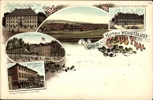 Litho Clausthal Zellerfeld Kurhaus Voigtslust, Hotel Rathaus, Hotel Deutscher Kaiser, Bergakademie