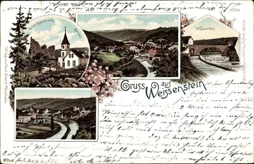 Litho Dillweißenstein Pforzheim im Schwarzwald, Ruine Rabeneck, Wasserfall, Totale